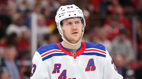 Adam Fox #23 of the New York Rangers looks on against the Chicago Blackhawks during the second period at the United Center on January 05, 2025 in Chicago, Illinois.
