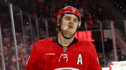 Sebastian Aho #20 of the Carolina Hurricanes celebrates following a goal scored during the second period of the game against the Detroit Red Wings at PNC Arena on March 28, 2024 in Raleigh, North Carolina.