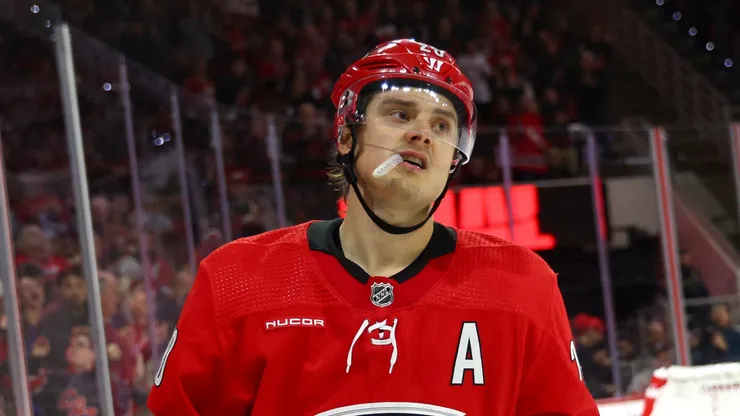 Sebastian Aho #20 of the Carolina Hurricanes celebrates following a goal scored during the second period of the game against the Detroit Red Wings at PNC Arena on March 28, 2024 in Raleigh, North Carolina.