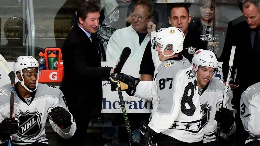 Metropolitan Division All-Stars head coach Wayne Gretzky celebrates with Sidney Crosby #87 of the Pittsburgh Penguins after a goal during the 2017 Honda NHL All-Star Game Semifinal #2 (Atlantic vs. Metropolitan) at Staples Center on January 29, 2017 in Los Angeles, California. (Photo by Harry How/Getty Images)