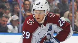 Nathan McKinnon #29 of the Colorado Avalanche skates with the puck against the Toronto Maple Leafs during the first period in an NHL game at Scotiabank Arena on March 19, 2025 in Toronto, Ontario, Canada.