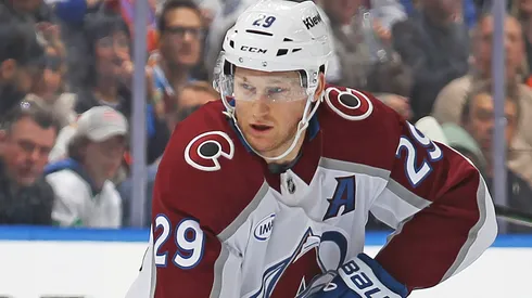 Nathan McKinnon #29 of the Colorado Avalanche skates with the puck against the Toronto Maple Leafs during the first period in an NHL game at Scotiabank Arena on March 19, 2025 in Toronto, Ontario, Canada.