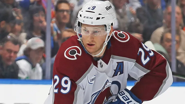 Nathan McKinnon #29 of the Colorado Avalanche skates with the puck against the Toronto Maple Leafs during the first period in an NHL game at Scotiabank Arena on March 19, 2025 in Toronto, Ontario, Canada.