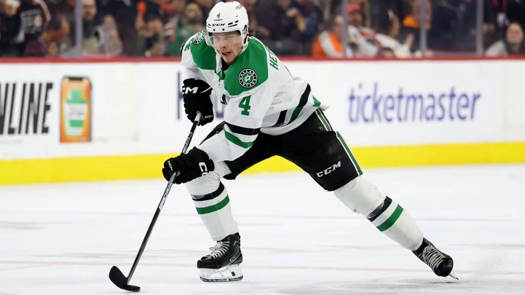 Miro Heiskanen #4 of the Dallas Stars skates with the puck during the first period against the Philadelphia Flyers at the Wells Fargo Center on January 09, 2025 in Philadelphia, Pennsylvania. (Photo by Emilee Chinn/Getty Images)