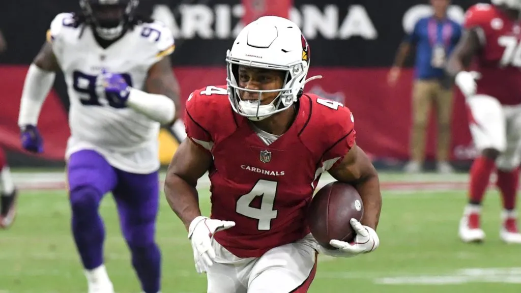 Rondale Moore #4 of the Arizona Cardinals runs with the after the catch for a touchdown against the Minnesota Vikings in the second quarter of the game at State Farm Stadium on September 19, 2021 in Glendale, Arizona.
