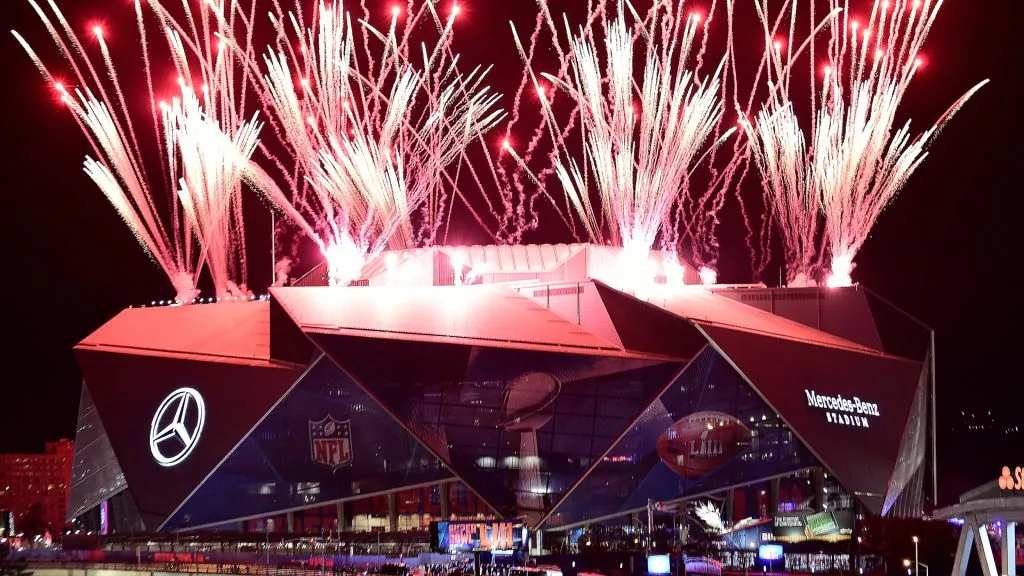 Fireworks shoot in the air above Mercedes-Benz stadium during halftime of Super Bowl LIII between the New England Patriots and Los Angeles Rams on February 03, 2019. (Source: Logan Riely/Getty Images)