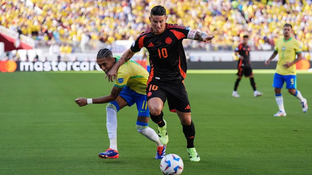 James Rodriguez controls the ball against Raphinha during the CONMEBOL Copa America 2024 Group D match between Brazil and Colombia. (Thearon W. Henderson/Getty Images)