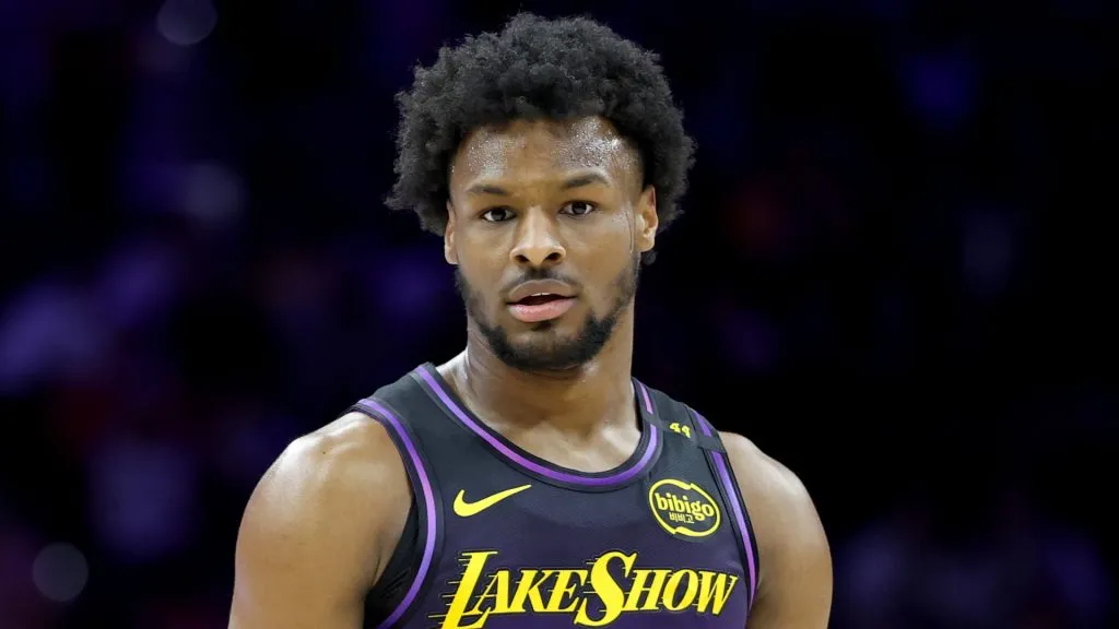 Bronny James #9 of the Los Angeles Lakers looks on during a game against the Philadelphia 76ers at the Wells Fargo Center.