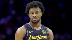 Bronny James #9 of the Los Angeles Lakers looks on during a game against the Philadelphia 76ers at the Wells Fargo Center.