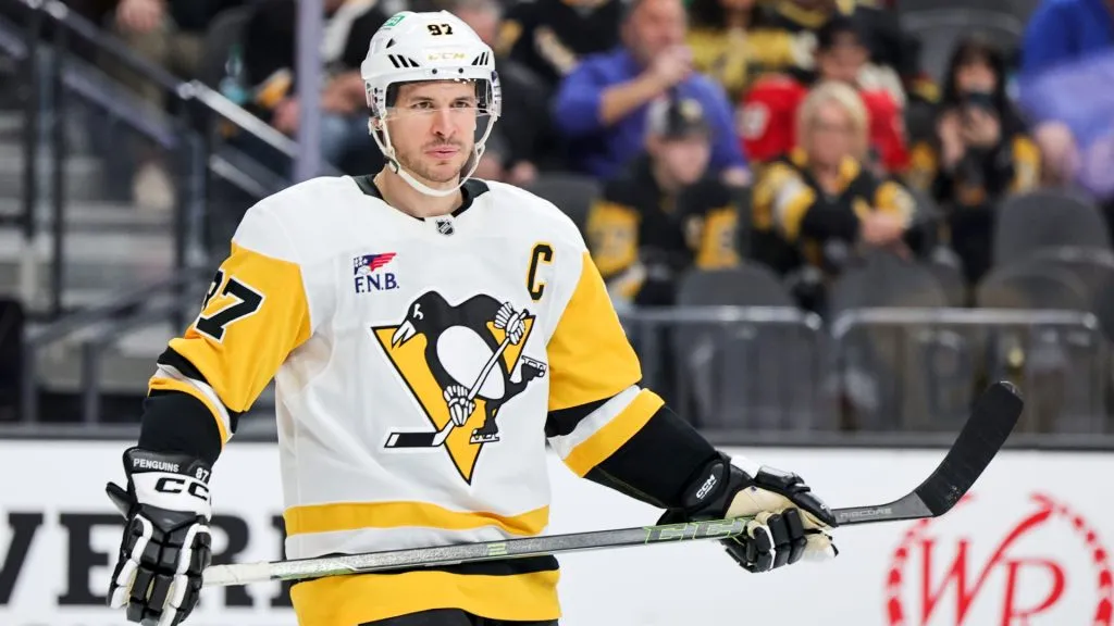 Sidney Crosby #87 of the Pittsburgh Penguins waits for a faceoff in the second period of a game against the Vegas Golden Knights at T-Mobile Arena on March 07, 2025 in Las Vegas, Nevada. The Golden Knights defeated the Penguins 4-0. (Photo by Ethan Miller/Getty Images)