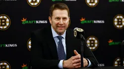 Boston Bruins interim head coach Joe Sacco smiles at his news conference following their 1-0 win over the Utah Hockey Club at TD Garden on November 21, 2024 in Boston, Massachusetts