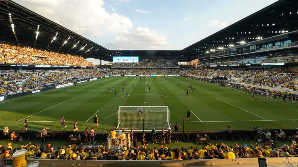 General view of Columbus Crew and Los Angeles FC players warming up before the Leagues Cup 2024 Final at Lower.com Field on August 25, 2024. (Source: Jason Mowry/Getty Images)