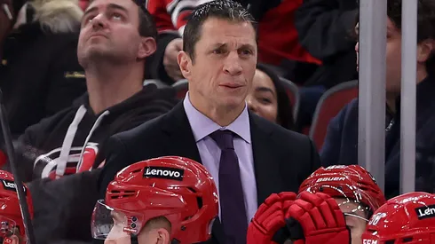Head coach Rod Brind'Amour of the Carolina Hurricanes looks on against the Chicago Blackhawks during the first period at the United Center on January 20, 2025 in Chicago, Illinois.