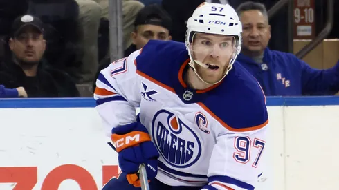 Connor McDavid #97 of the Edmonton Oilers skates against the New York Rangers at Madison Square Garden on March 16, 2025 in New York City.
