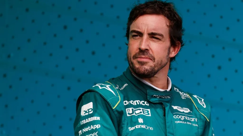 Third placed Fernando Alonso of Spain and Aston Martin F1 Team celebrates on the podium during the F1 Grand Prix of Miami at Miami International Autodrome on May 07, 2023. (Source: Chris Graythen/Getty Images)