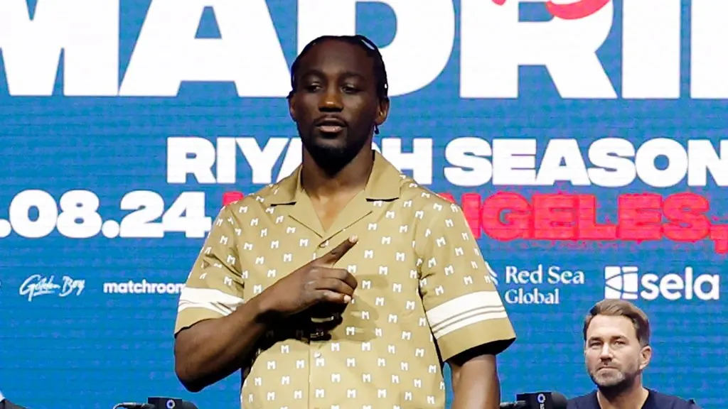 Terence Crawford poses during a press conference to announce his super welterweight fight against Israil Madrimov as part of the Riyadh Season Card at Gotham Hall on April 24, 2024 in New York City. (Photo by Sarah Stier/Getty Images)