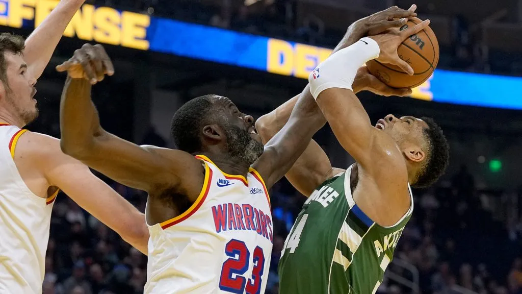 Draymond Green #23 blocks the shot of Giannis Antetokounmpo #34 during the first half at Chase Center. (Thearon W. Henderson/Getty Images)