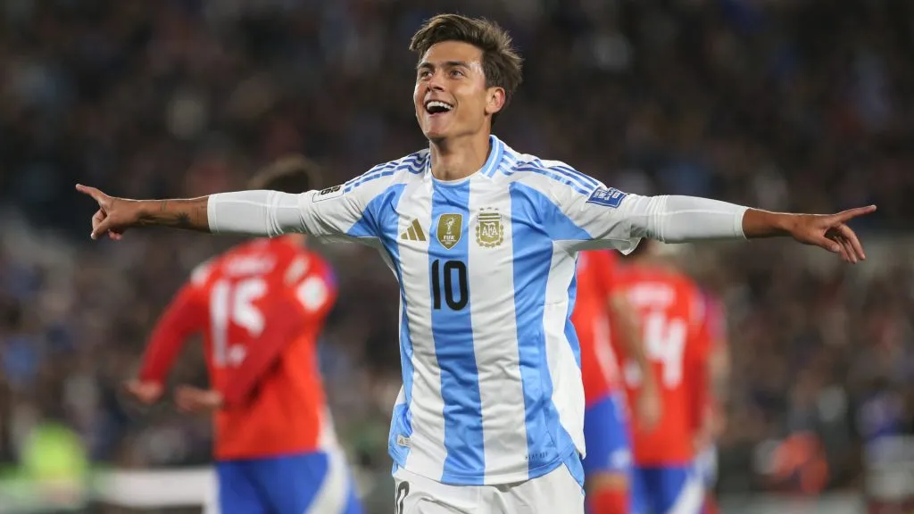Paulo Dybala of Argentina celebrates after scoring the team’s third goal during the FIFA World Cup 2026 Qualifier match between Argentina and Chile. (Daniel Jayo/Getty Images)