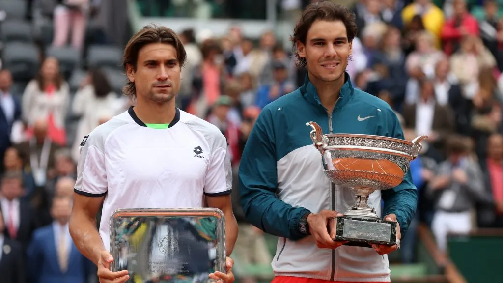 Runner up David Ferrer of Spain and winner Rafael Nadal of Spain pose after the mens’ singles final during day fifteen of the French Open at Roland Garros. (Matthew Stockman/Getty Images)