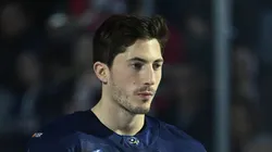 Zach Werenski #8 of Team USA stands at attention during the national anthem prior to playing against Team Finland in the NHL 4 Nations Face-Off at Bell Centre on February 13, 2025 in Montreal, Quebec, Canada.