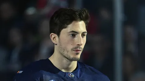 Zach Werenski #8 of Team USA stands at attention during the national anthem prior to playing against Team Finland in the NHL 4 Nations Face-Off at Bell Centre on February 13, 2025 in Montreal, Quebec, Canada.