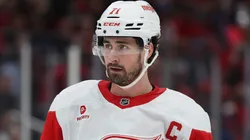 Dylan Larkin #71 of the Detroit Red Wings looks on against the Washington Capitals during the third period at Capital One Arena on March 18, 2025 in Washington, DC.