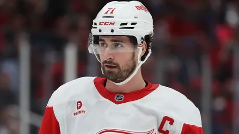 Dylan Larkin #71 of the Detroit Red Wings looks on against the Washington Capitals during the third period at Capital One Arena on March 18, 2025 in Washington, DC.