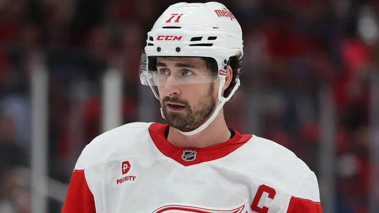 Dylan Larkin #71 of the Detroit Red Wings looks on against the Washington Capitals during the third period at Capital One Arena on March 18, 2025 in Washington, DC.