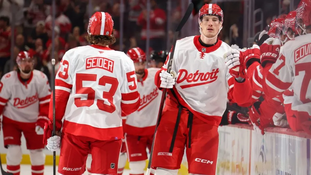 Elmer Soderblom #85 of the Detroit Red Wings celebrates his third period goal with teammates while playing the Carolina Hurricanes at Little Caesars Arena on March 04, 2025 in Detroit, Michigan. (Photo by Gregory Shamus/Getty Images)