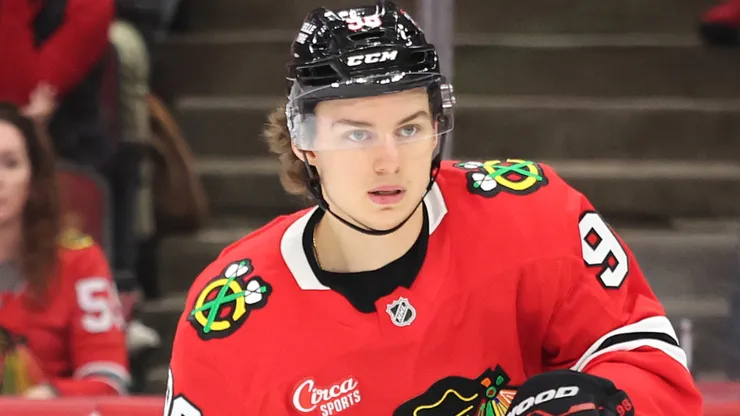 Connor Bedard #98 of the Chicago Blackhawks skates against the Seattle Kraken during the first period at the United Center on March 18, 2025 in Chicago, Illinois.