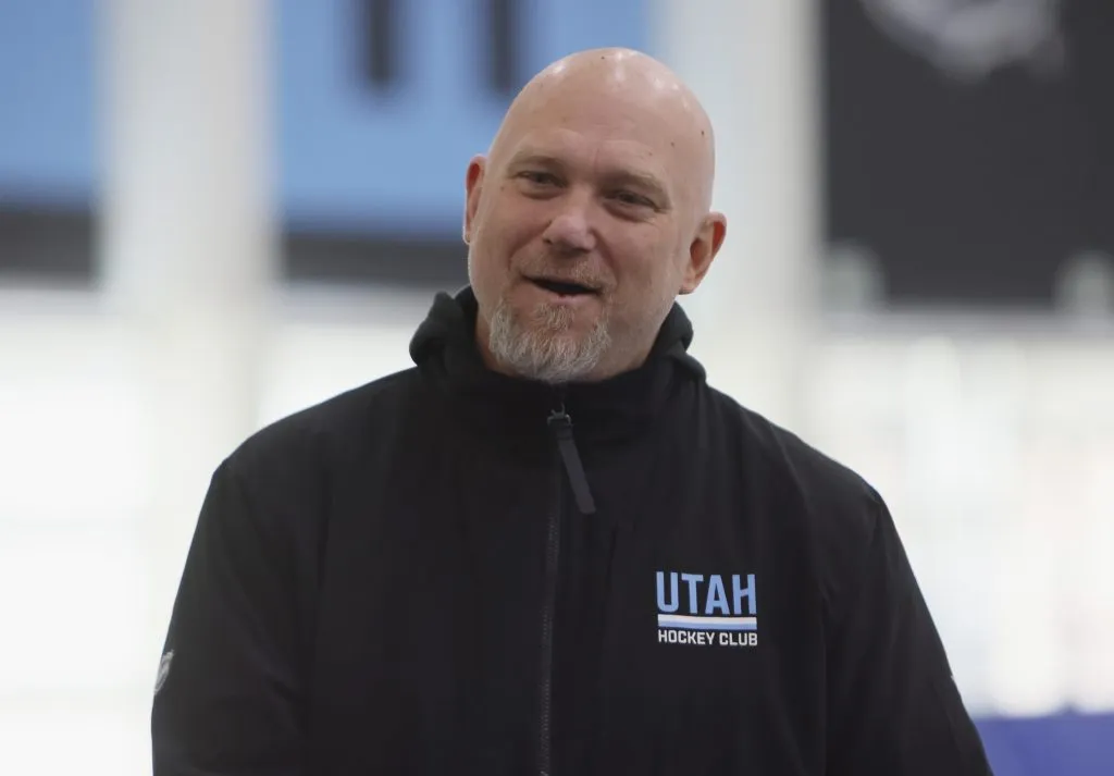 KEARNS, UTAH – OCTOBER 07: Head coach André Tourigny of the Utah Hockey Club handles practice at Utah’s Olympic Oval on October 07, 2024 in Salt Lake City, Utah. (Photo by Bruce Bennett/Getty Images)