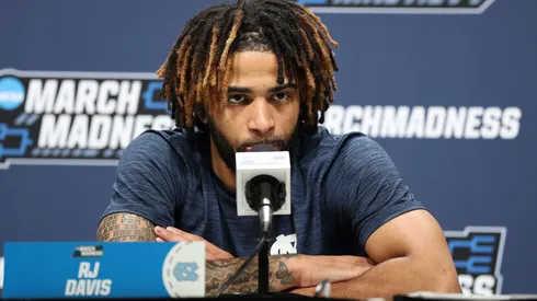 RJ Davis #4 of the North Carolina Tar Heels speaks to the media during practice day ahead of the NCAA Men's Basketball Tournament at Fiserv Forum on March 20, 2025 in Milwaukee, Wisconsin.