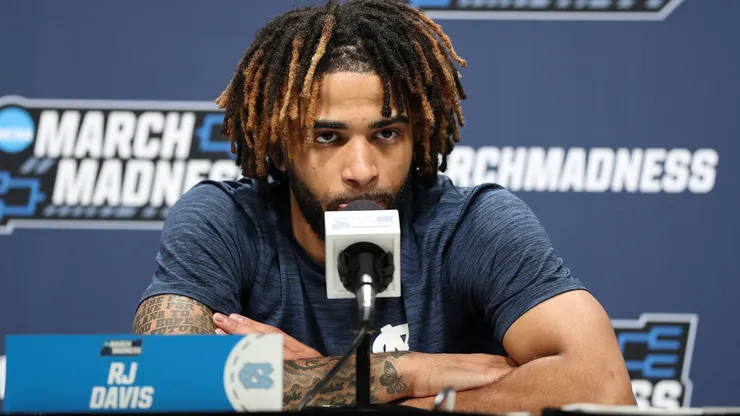 RJ Davis #4 of the North Carolina Tar Heels speaks to the media during practice day ahead of the NCAA Men's Basketball Tournament at Fiserv Forum on March 20, 2025 in Milwaukee, Wisconsin.
