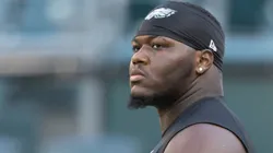 Milton Williams #93 of the Philadelphia Eagles looks on against the Pittsburgh Steelers during the preseason game at Lincoln Financial Field on August 12, 2021 in Philadelphia, Pennsylvania.