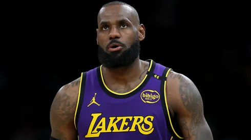 LeBron James #23 of the Los Angeles Lakers reacts during the second half against the Boston Celtics at TD Garden on March 08, 2025 in Boston, Massachusetts.