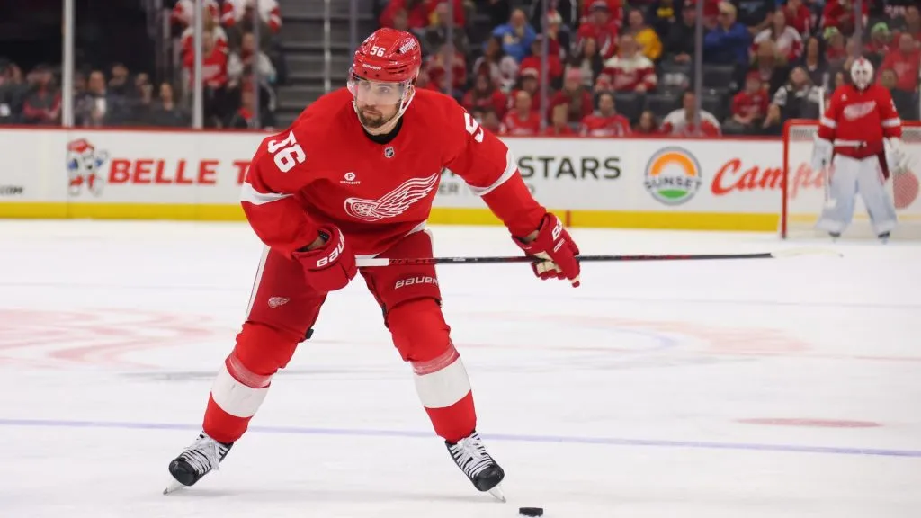 Erik Gustafsson #56 of the Detroit Red Wings plays against the Washington Capitals at Little Caesars Arena on December 29, 2024 in Detroit, Michigan. (Photo by Gregory Shamus/Getty Images)