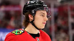 Connor Bedard #98 of the Chicago Blackhawks reacts against the Los Angeles Kings during the third period at the United Center on March 20, 2025 in Chicago, Illinois.