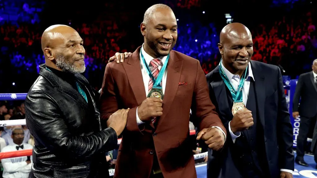 (L-R) Former Heavyweight Champions Mike Tyson, Lennox Lewis and Evander Holyfield are honored prior to the Heavyweight bout for Wilder’s WBC and Fury’s lineal heavyweight title between Tyson Fury and Deontay Wilder on February 22, 2020 at MGM Grand Garden Arena in Las Vegas, Nevada. (Photo by Al Bello/Getty Images)