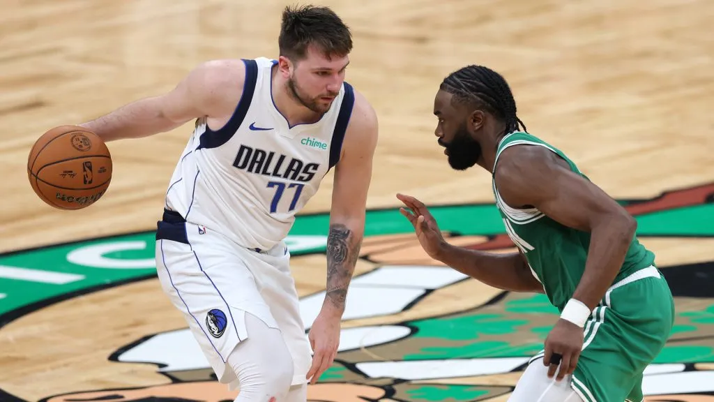 Luka Doncic #77 of the Dallas Mavericks handles the ball against Jaylen Brown #7 of the Boston Celtics during the third quarter of Game Five of the 2024 NBA Finals. (Adam Glanzman/Getty Images)