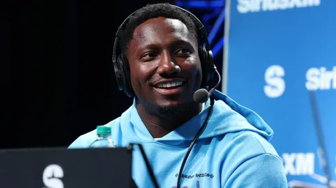 Deebo Samuel speaks on SiriusXM on radio row at Super Bowl LIX on February 07, 2025 in New Orleans, Louisiana.