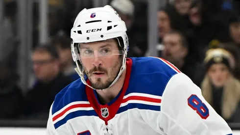 J.T. Miller #8 of the New York Rangers skates against the Boston Bruins during the second period at the TD Garden on February 01, 2025 in Boston, Massachusetts.