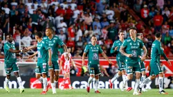 Players of Leon celebrate their team's first goal scored by Jhonder Cadiz during the 12th round match between Necaxa and Leon.