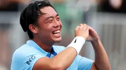 Coleman Wong of Hong Kong celebrates his win against Ben Shelton on Day 5 of the Miami Open.