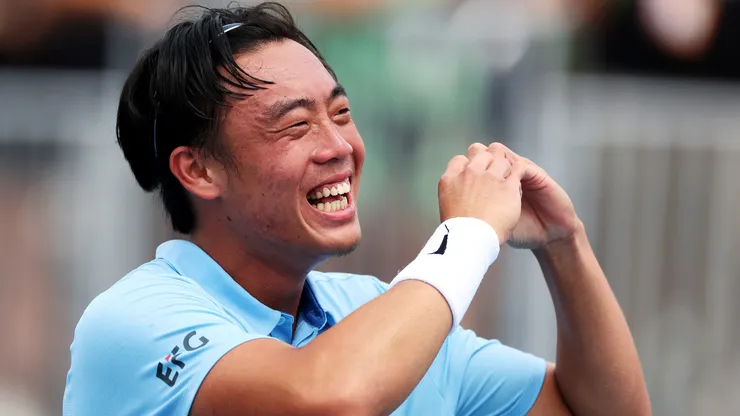 Coleman Wong of Hong Kong celebrates his win against Ben Shelton on Day 5 of the Miami Open.