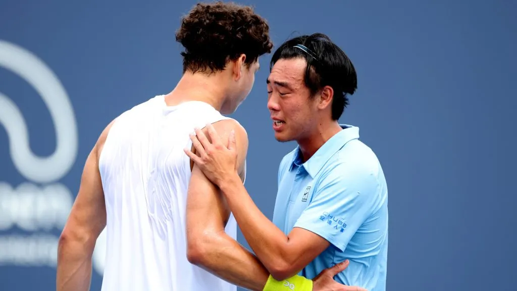 Coleman Wong of Hong Kong celebrates his win against Ben Shelton on Day 5 of the Miami Open. (Al Bello/Getty Images)