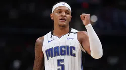 Paolo Banchero #5 of the Orlando Magic celebrates against the Washington Wizards during the second half at Capital One Arena on March 21, 2025 in Washington, DC.