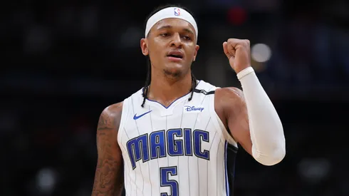 Paolo Banchero #5 of the Orlando Magic celebrates against the Washington Wizards during the second half at Capital One Arena on March 21, 2025 in Washington, DC.