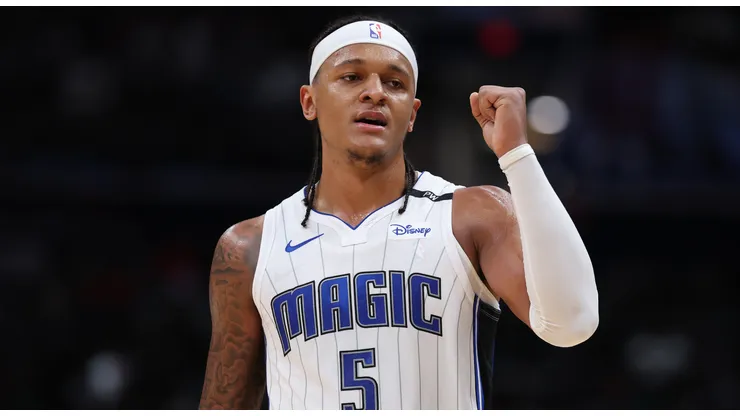 Paolo Banchero #5 of the Orlando Magic celebrates against the Washington Wizards during the second half at Capital One Arena on March 21, 2025 in Washington, DC.