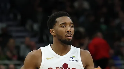Donovan Mitchell #45 of the Cleveland Cavaliers handles the ball during a game against the Milwaukee Bucks