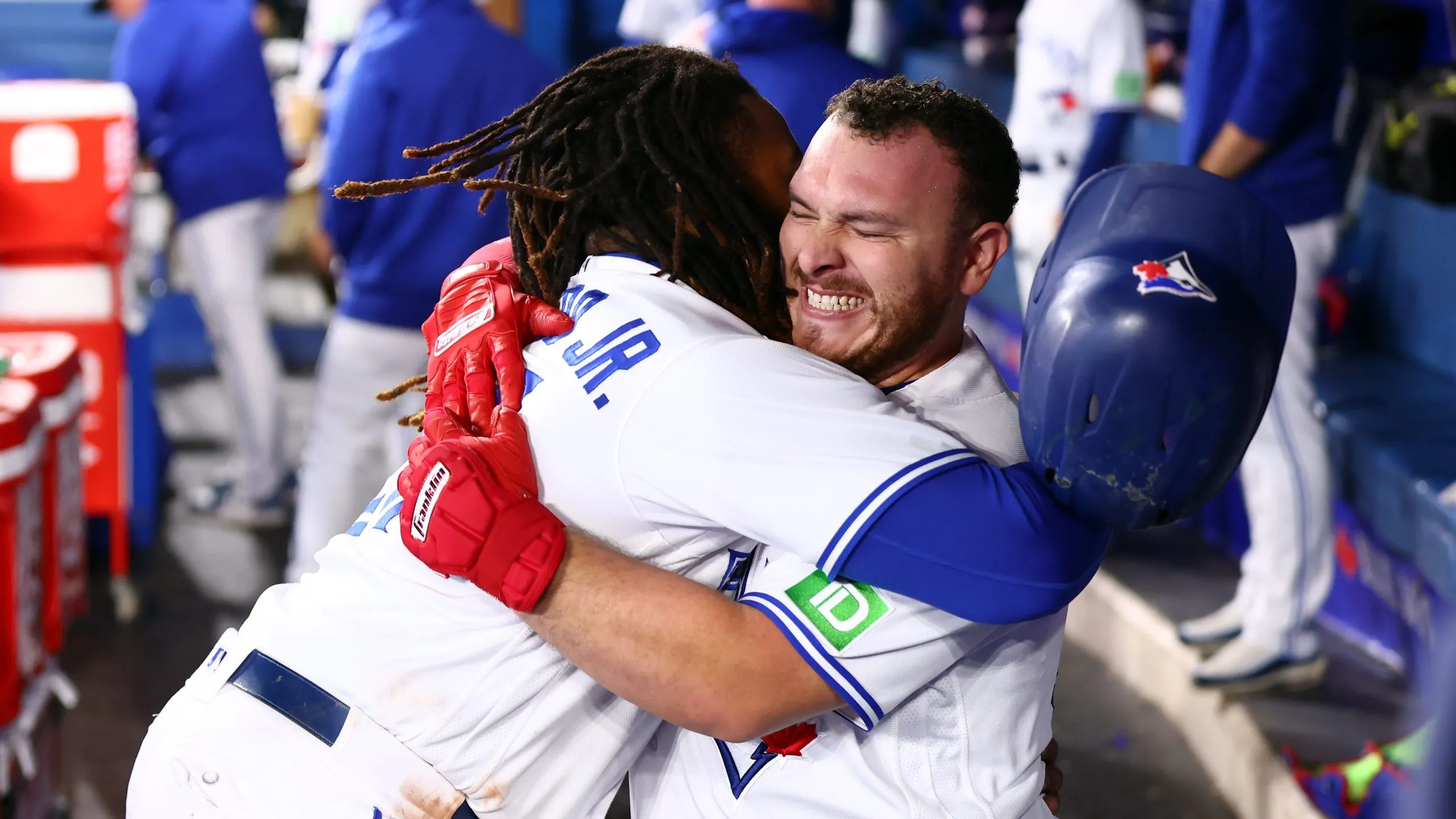 TORONTO, ON – SEPTEMBER 29:  Alejandro Kirk #30 of the Toronto Blue Jays celebrates with Vladimir Guerrero Jr. #27 after hitting a home run in the second inning against the Tampa Bay Rays at Rogers Centre on September 29, 2023 in Toronto, Ontario, Canada.  (Photo by Vaughn Ridley/Getty Images)